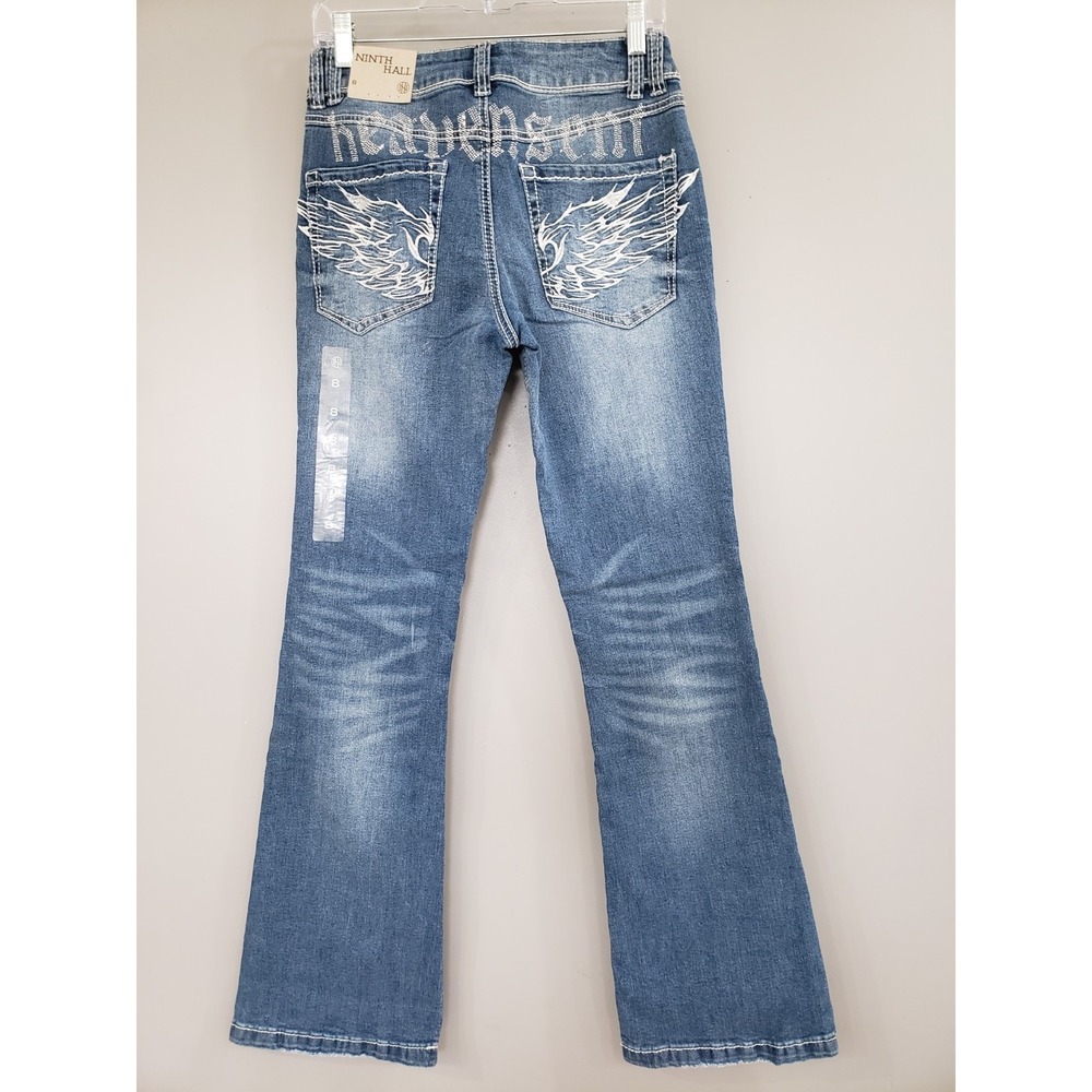 NEW Ninth Hall Jeans RHINESTONE WINGS HEAVEN SENT Alyssia SZ 8 FLARE YK2 BADDIE